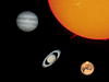 © O. Aders; Collage aus Sonne, Saturn, Jupiter und Mars.
